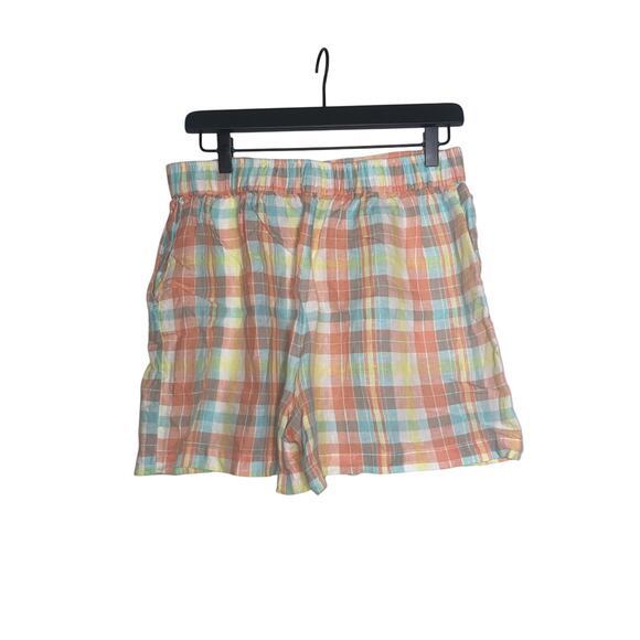 Issac Mizrahi Plaid 100% Linen Shorts Large Womens Pull On Elastic Waist Pockets - Picture 2 of 6